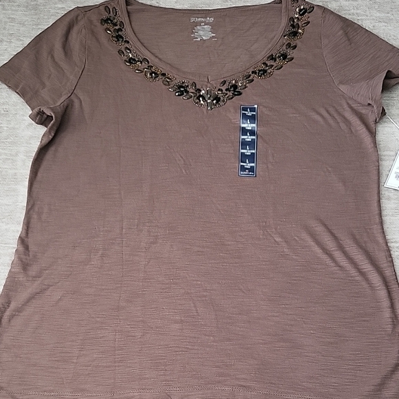 St. John's Bay Tops - St. John's Bay Embellished Short Sleeve Top - Brown